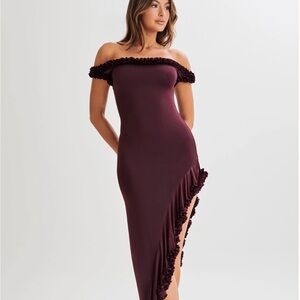 Meshki Off-Shoulder Burgundy Asymmetrical Dress